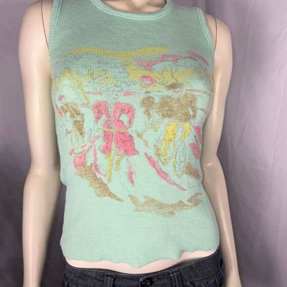 Vintage 1960s Mint Green Novelty Knit Tank Top | Scenic Bicycle Print Sleeveless - Picture 1 of 14